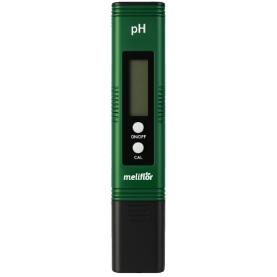Medidor de pH digital verde e preto com ecrã LCD e botões ON/OFF e CAL