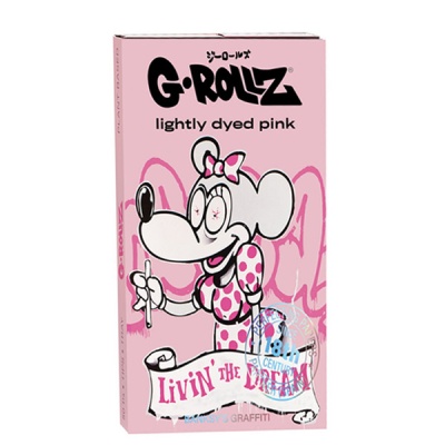 Embalagem rosa G-ROLLZ com desenho de rato e texto Livin the Dream
