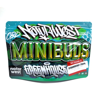 Embalagem colorida de plástico com texto NaturWest MINIBUDS e Strawberry 20grs.
