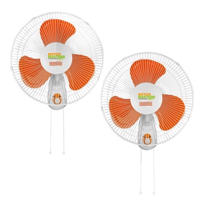 Ventoinhas de parede com pás laranja e corpo branco com texto DUCH MASTERS MICROFÔNICAS