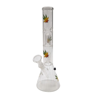 Bong de vidro transparente com folhas coloridas desenhadas