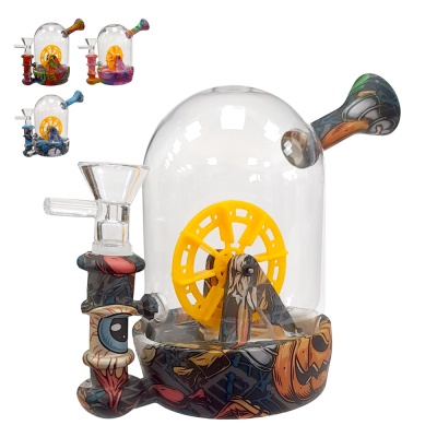 Bong de vidro colorido com decoração gráfica e roda amarela dentro