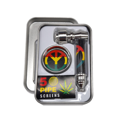 Conjunto de cachimbo metálico para fumar com símbolo da paz colorido e 5 filtros de tela numa caixa metálica