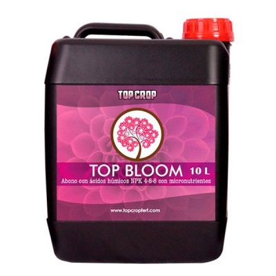 Recipiente preto com tampa vermelha e etiqueta roxa do fertilizante Top Bloom 10L