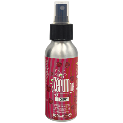 Frasco metálico com spray e rótulo vermelho com cerejas e texto em espanhol