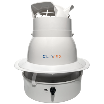 Dispositivo branco de plástico cónico com grelha e inscrição CLIVEX