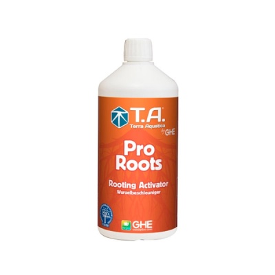 Frasco de produto líquido Pro Roots Rooting Activator com rótulo laranja e tampa branca