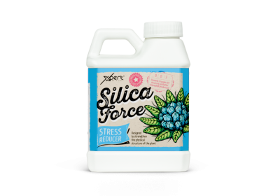 Frasco plástico branco com rótulo azul e bege Silica Force Stress Reducer