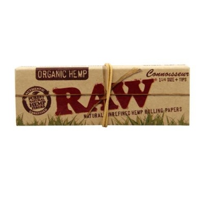 Pacote de papel de enrolar RAW Connoisseur orgânico em embalagem bege com texto vermelho e castanho