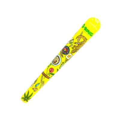 Estojo amarelo cilíndrico com desenhos coloridos e texto verde G-ROLLZ amsterdam