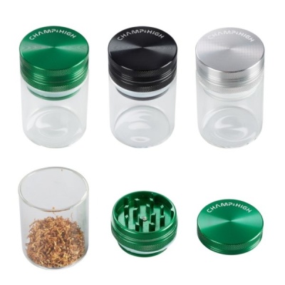 Frascos transparentes com tampas de alumínio e triturador verde com texto CHAMP HIGH