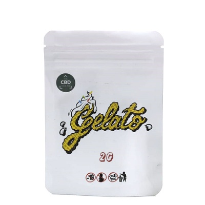 Embalagem branca com fecho zip rotulada Gelato 2G com selo CBD HOUSE e símbolos de aviso