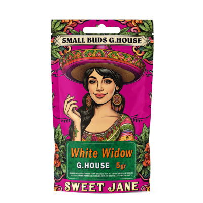Embalagem rosada com mulher ilustrada e texto White Widow