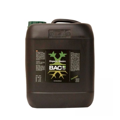 Recipiente plástico preto com tampa verde e rótulo Organic Bloom BAC