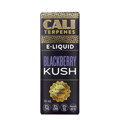 Embalagem preta de e-liquid Blackberry Kush com texto dourado, branco e roxo