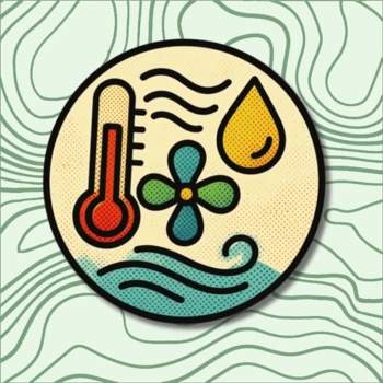 Ícone circular com termómetro, ventoinha, gota e ondas
