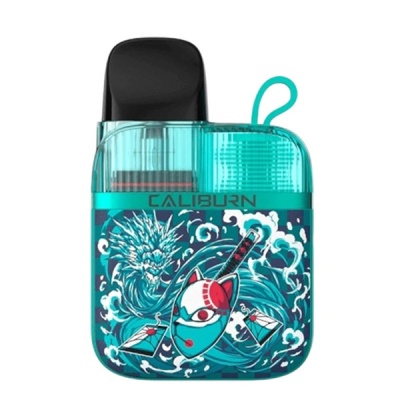 Dispositivo vape azul-turquesa Caliburn com desenho japonês colorido