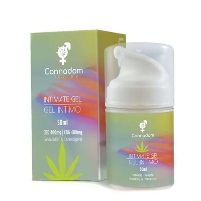 Frasco e caixa de gel íntimo Cannadom Premium com design colorido e texto informativo