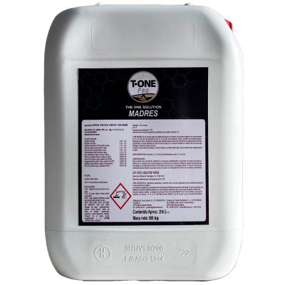 Recipiente plástico branco com rótulo preto detalhando produto T-ONE PRO MADRES