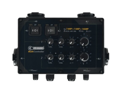 Controlador eletrónico preto com botões e mostradores