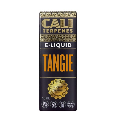 Embalagem preta e dourada de e-líquido CALI Terpenes Tangie