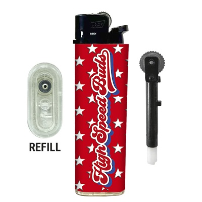 Isqueiro vermelho com estrelas brancas e texto High Speed Buds, recarregador transparente e mecanismo preto