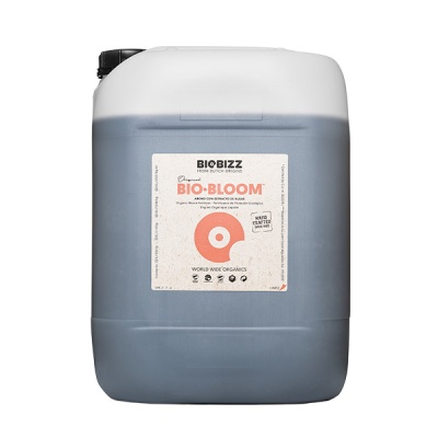 Recipiente plástico grande com rótulo BIOBIZZ BIO-BLOOM e líquido escuro