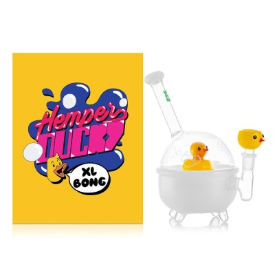 Bong de vidro com pato amarelo e caixa amarela com texto Hemper Duck XL Bong