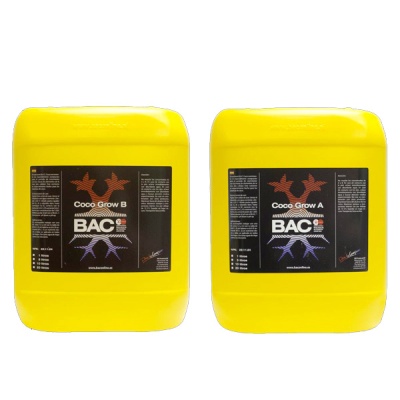 Dois grandes recipientes amarelos rotulados Coco Grow A e Coco Grow B BAC