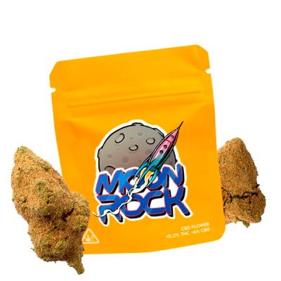 Pacote laranja de CBD Flower Moon Rock com duas flores secas