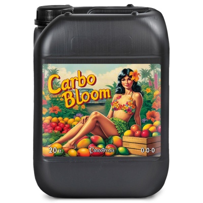 Garrafão preto 20 litros com etiqueta Carbo Bloom e imagem colorida de mulher com flores e frutas