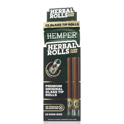 Embalagem verde escura com 2 cigarros de ponta de vidro e textos HERBAL ROLLS e HEMPER