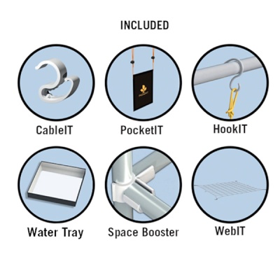 Seis acessórios para organização identificados como CableIT, PocketIT, HookIT, Water Tray, Space Booster e WebIT em círculos sobre fundo azul claro.