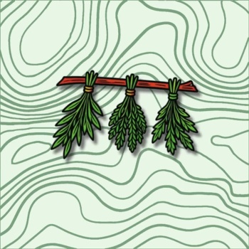 Três maços de ervas pendurados num ramo vermelho com fundo verde ondulado.