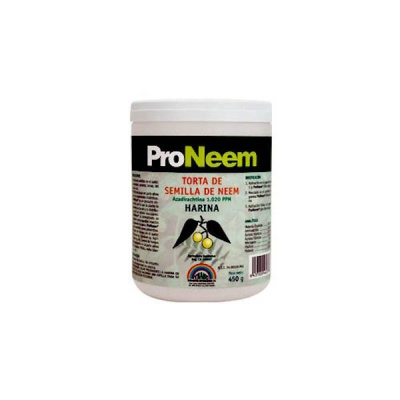 Embalagem branca com etiqueta ProNeem e texto Torta de Semilla de Neem