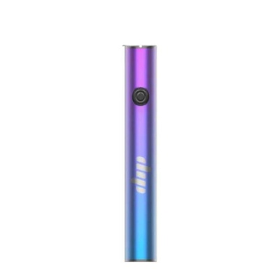 Dispositivo eletrônico vape metálico roxo a azul com botão e texto dip