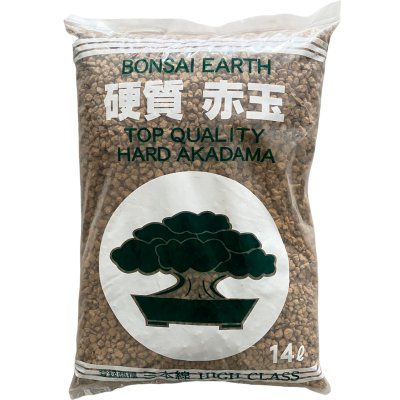 Saco de material para cultivo Bonsai Earth com grânulos castanhos e desenho de árvore.
