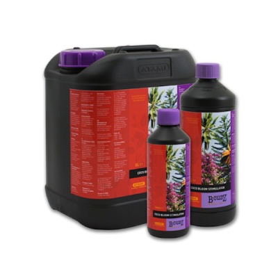 recipientes plásticos pretos com tampa roxa e rótulos vermelhos e roxos com plantas e texto COCO BLOOM STIMULATOR