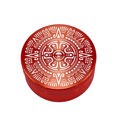 Triturador metálico vermelho com padrão branco detalhado e textura nas laterais