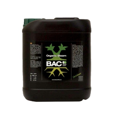 Recipiente plástico preto com rótulo Organic Bloom BAC e tampa verde