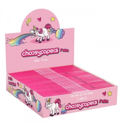 Mostrador rosa de papéis para enrolar Choosy Papers Pink com ilustração de unicórnio bom humor