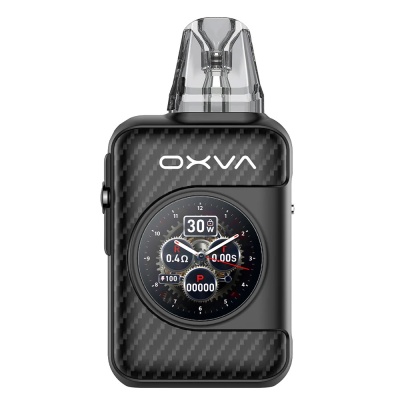 Dispositivo preto para vaping com visor digital redondo e bocal transparente