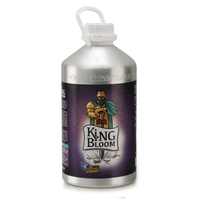 Frasco de alumínio com rótulo KING BLOOM e imagem de rei