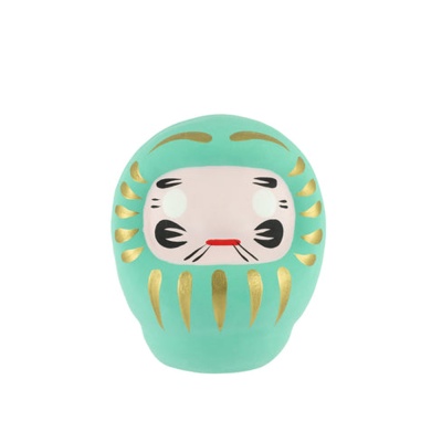 Figura decorativa verde água com detalhes dourados e pintura facial estilizada