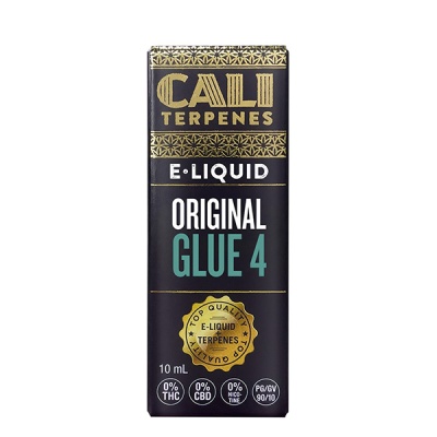 Embalagem preta e dourada de e-líquido CALI TERPENES Original Glue 4