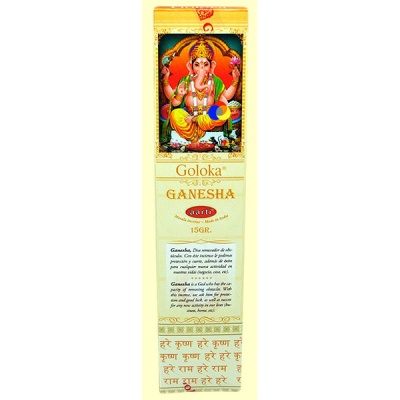 Embalagem de incenso Goloka Ganesha aarti com imagem de Ganesha e texto explicativo
