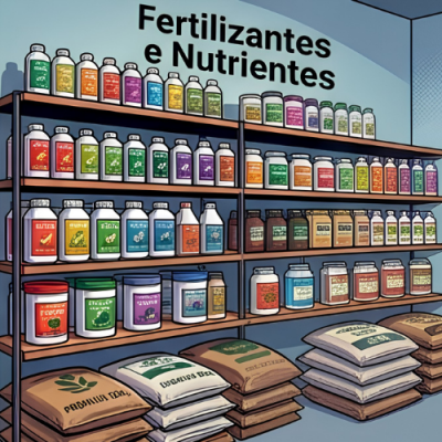 Prateleiras organizadas com frascos coloridos e sacos de fertilizantes sob a inscrição Fertilizantes e Nutrientes