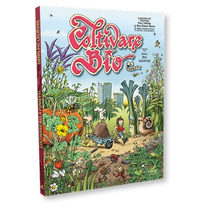 Capa do livro Coltivare Bio com ilustração de jardim e personagens em banda desenhada