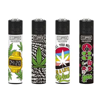 Quatro isqueiros Clipper com temas de cannabis e cores variadas