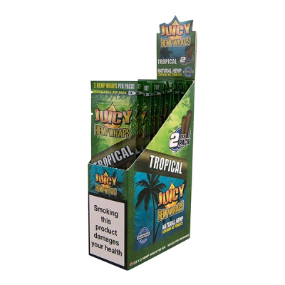 Embala Juicy Hemp Wraps Tropical com duas folhas para enrolar, com aviso de saúde em verde e azul